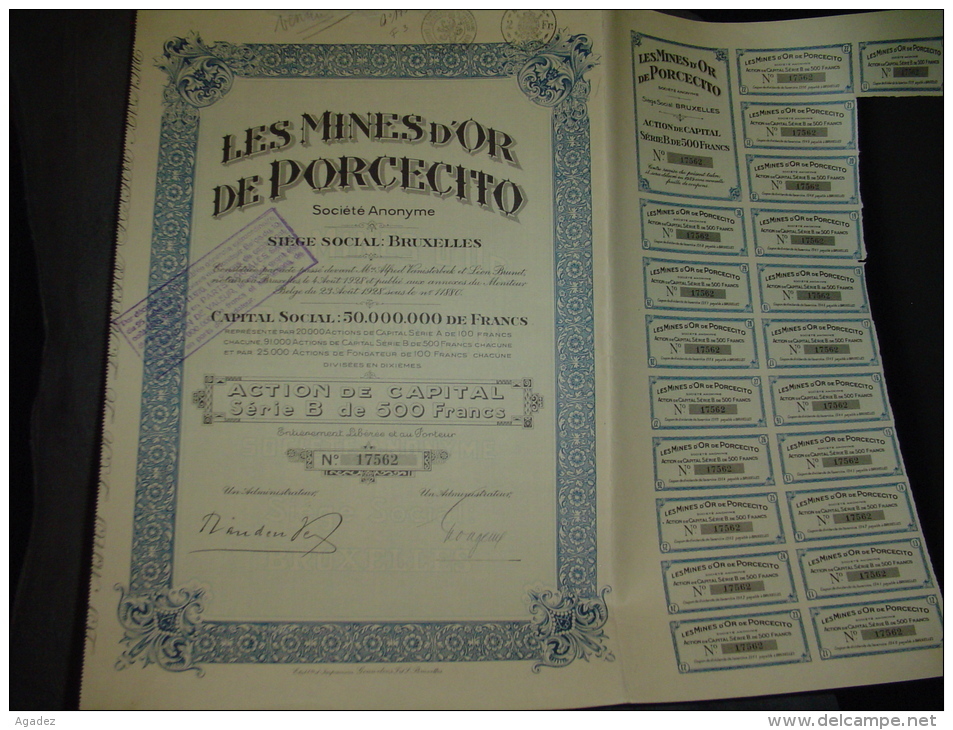 Action De Capital Série B L"Les Mines D'or De Porcecito"1928 Colombie Colombia Bon état,reste Des Coupons. - Mijnen