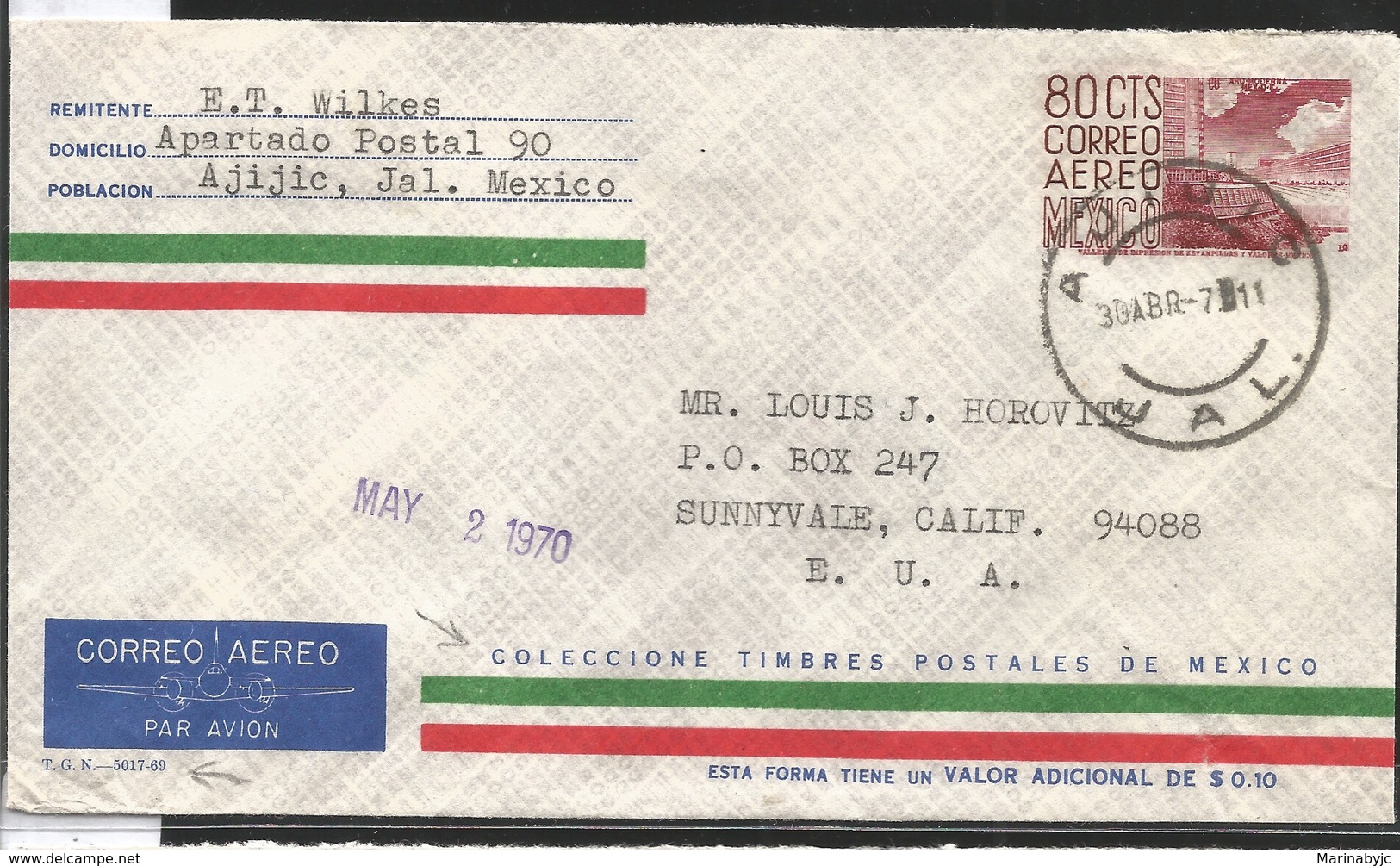 J) 1970 MEXICO, POSTAL STATIONARY, CU, MODERN ARCHITECTURE OF MEXICO, CIRCULATED COVER, FROM JALISCO TO CALIFORNIA - Mexico