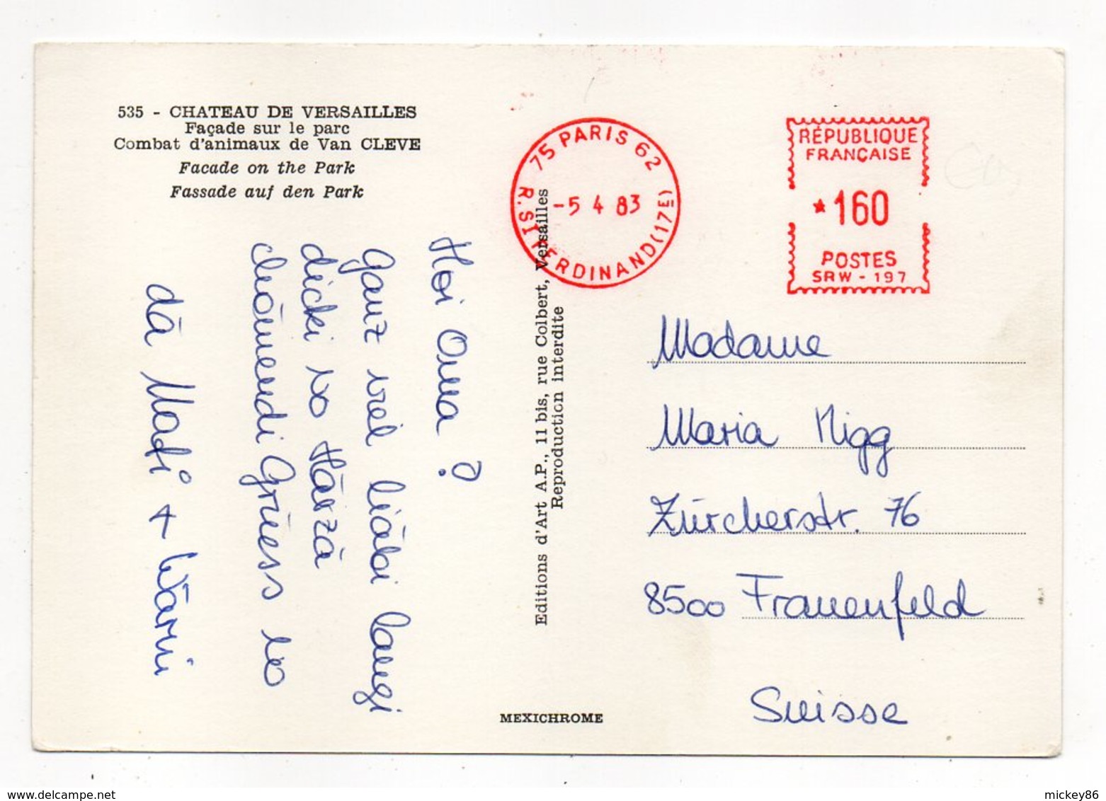 1983-- EMA   75- PARIS 62 --1.60F   Sur Cpm  Chateau De Versailles--78- (lion ) Destinée à La Suisse - EMA (Empreintes Machines à Affranchir)