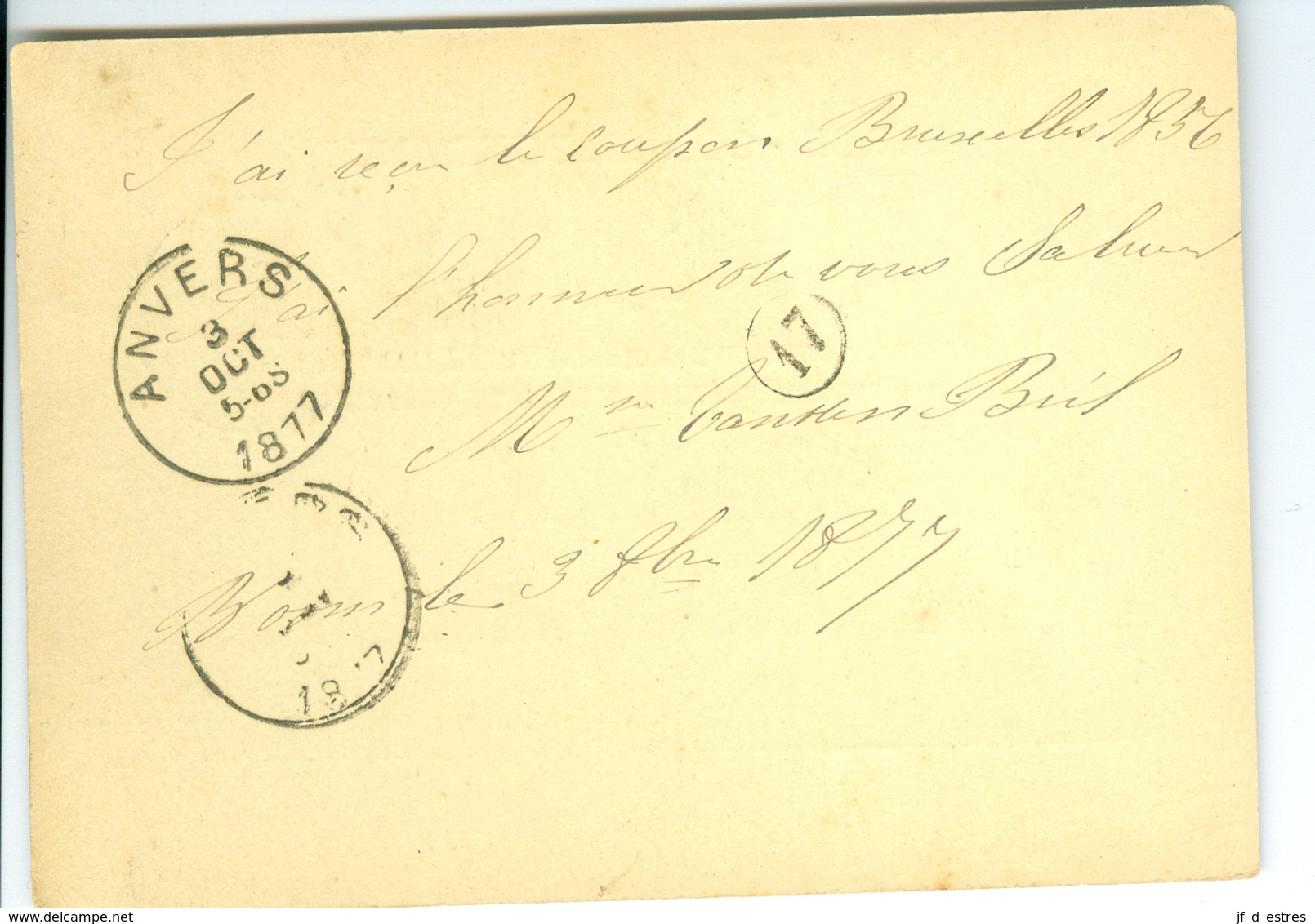 Carte Correspondance AS CàD Boom & Anvers 1877  à Louis Ceusters Agent De Change Anvers Entier Postal Postwaardestuk - Briefkaarten 1871-1909