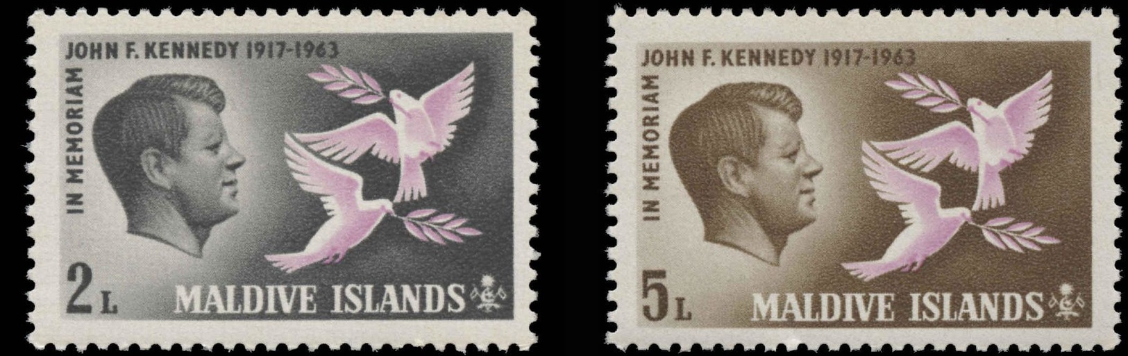 Maldives Islands Scott # 159-160. Set Of 2 (1965) John F. Kennedy, Mint Never Hinged - Maldives (1965-...)
