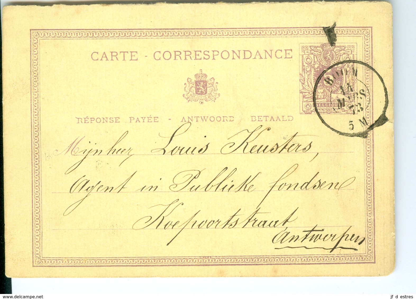 Carte Correspondance AS CàD Boom 1873 De Kerf à Louis Keusters Agent In Publieke Fondsen Antwerpen Entier Postal - Cartes-lettres