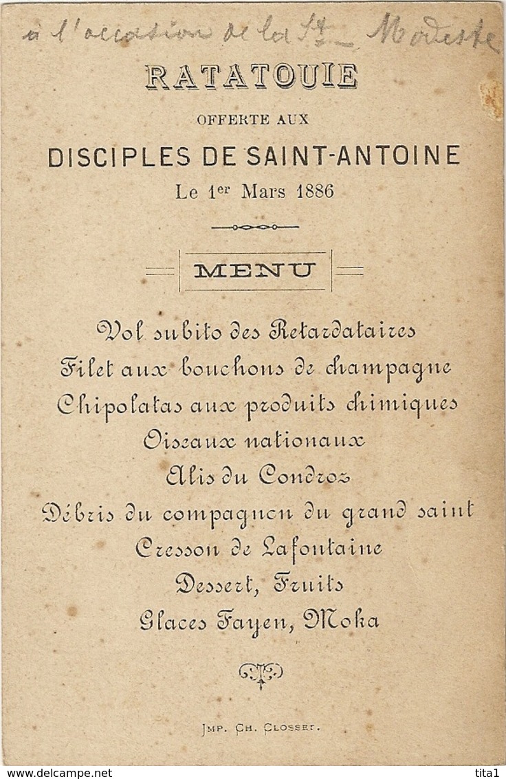 S7070 - Ratatouie Offerte Aux Disciples De Saint-Antoine Le 1er Mars 1886 "petit Format 11 X 7 Cm" - Menükarten