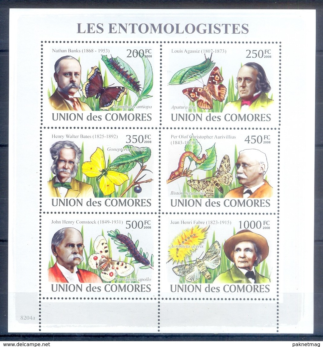 M63- Comores Comoros Komoren 2008.  Insects. Butterfly. Bee. Plants. Flowers. Entomologists. - Vlinders