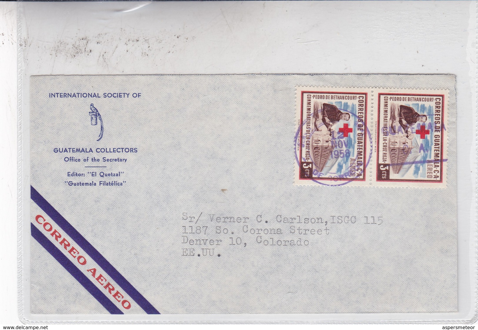 INTERNATIONAL SOCIETY OF GUATEMALLA COLLECTORS. AIRMAIL ENVELOPE CIRCULEE 1958 GUATEMALA TO USA- BLEUP - Costa Rica