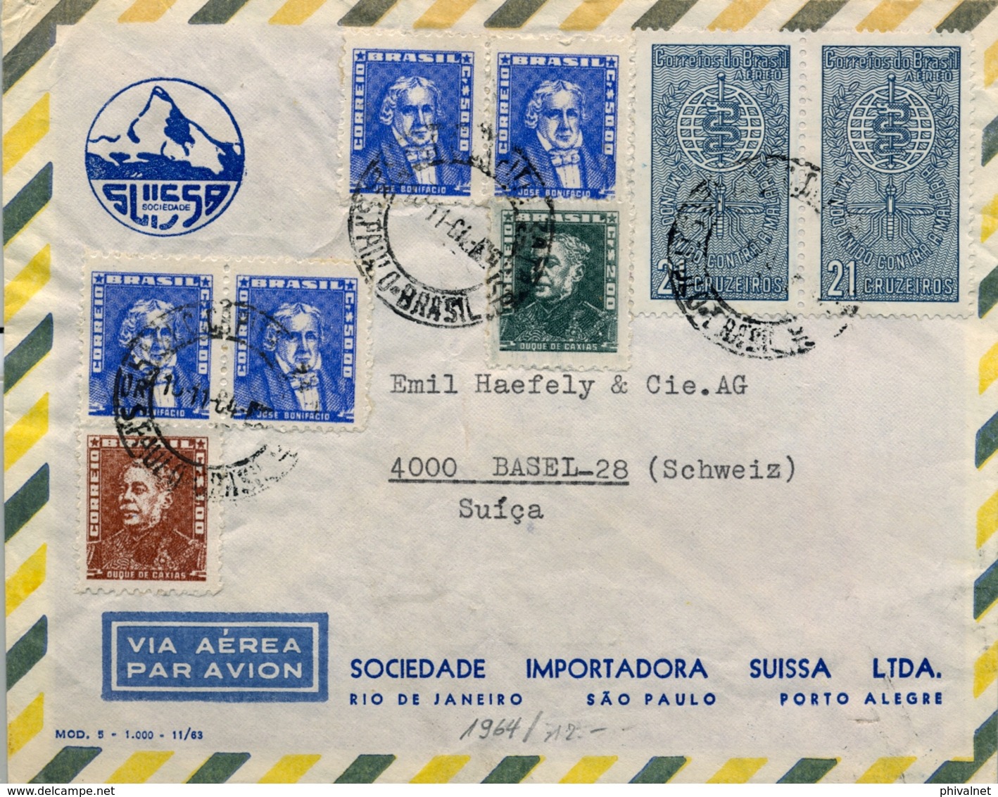 1964 , BRASIL , CORREO AÉREO , SOBRE CIRCULADO , SAO PAULO - BASILEA - Cartas & Documentos