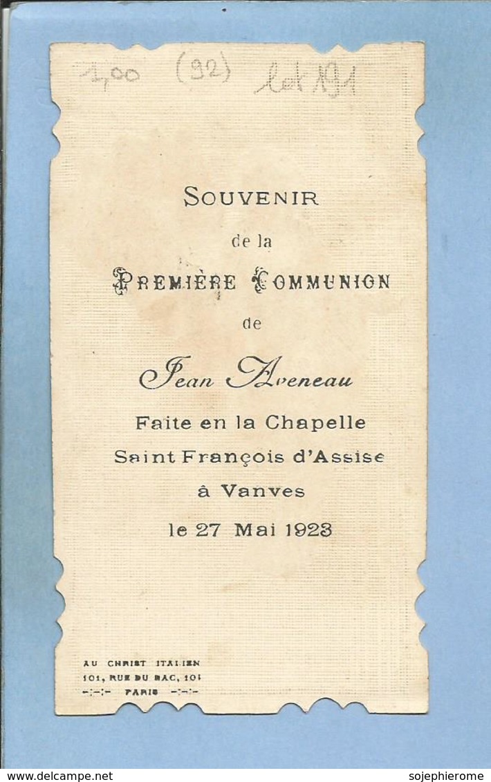 Vanves (92) 1ère Communion En La Chapelle St-François-d'Assise De Jean Aveneau Le 27 Mai 1923 - 2scans - Comunioni