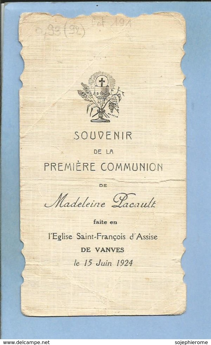Vanves (92) 1ère Communion En L'église Saint-François-d'Assise De Madeleine Pacault Le 15 Juin 1924 - 2scans - Communion