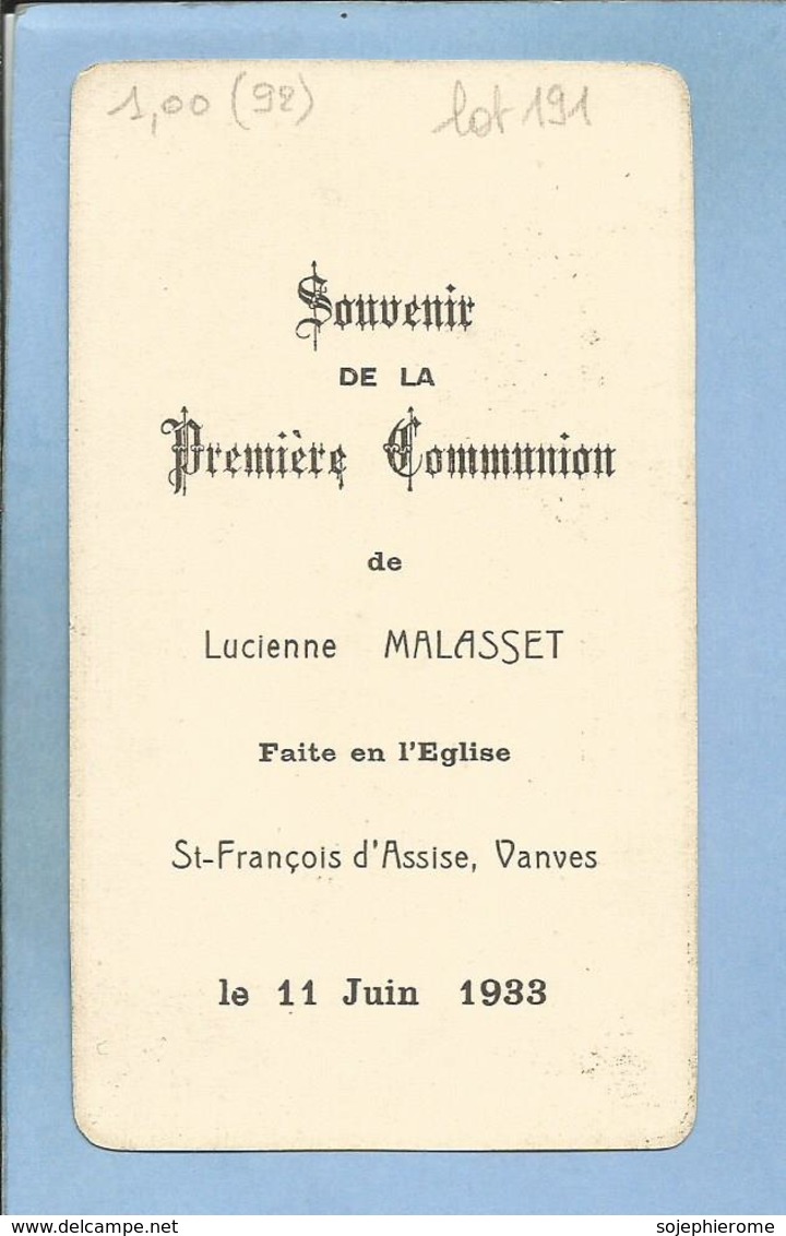 Vanves (92) 1ère Communion En L'église Saint-François-d'Assise De Lucienne Malasset Le 11 Juin 1933 - 2scans - Communion