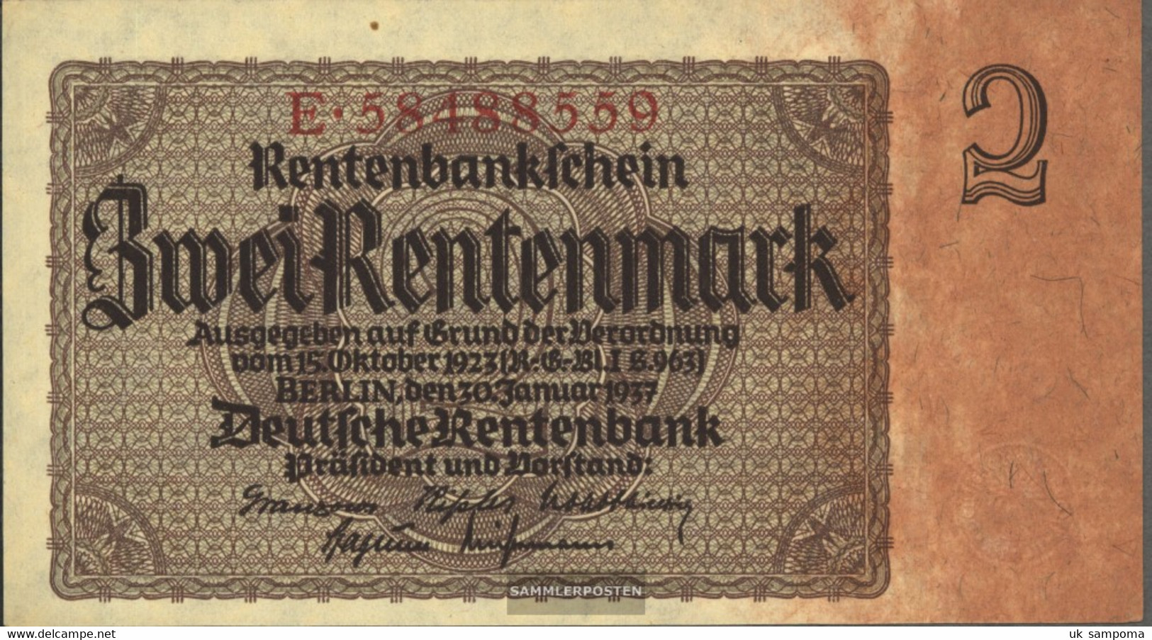 German Empire RosbgNr: 167b, Empire Printing 8stellige Kontrollnummer Uncirculated 1937 2 Rentenmark - [11] Local Banknote Issues