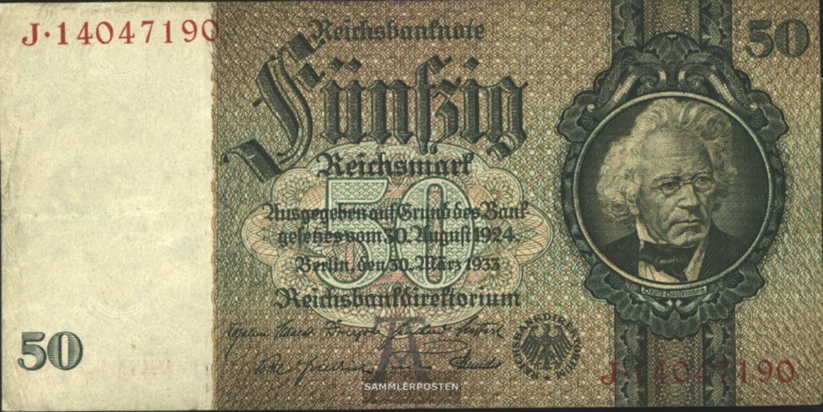 Deutsches Reich Rosenbg: 175b, Udr.-Bst.: Un, Serie: F-K, KN 8-stellig Usato (III) 1933 50 RM - 50 Reichsmark