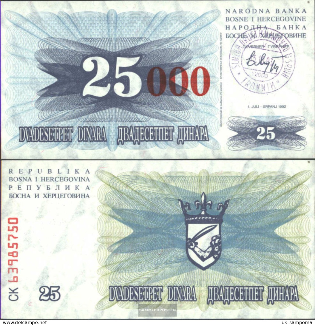 Bosnia-Herzegovina Pick-number: 54b Uncirculated 1993 25.000 Dinara - Bosnia Y Herzegovina