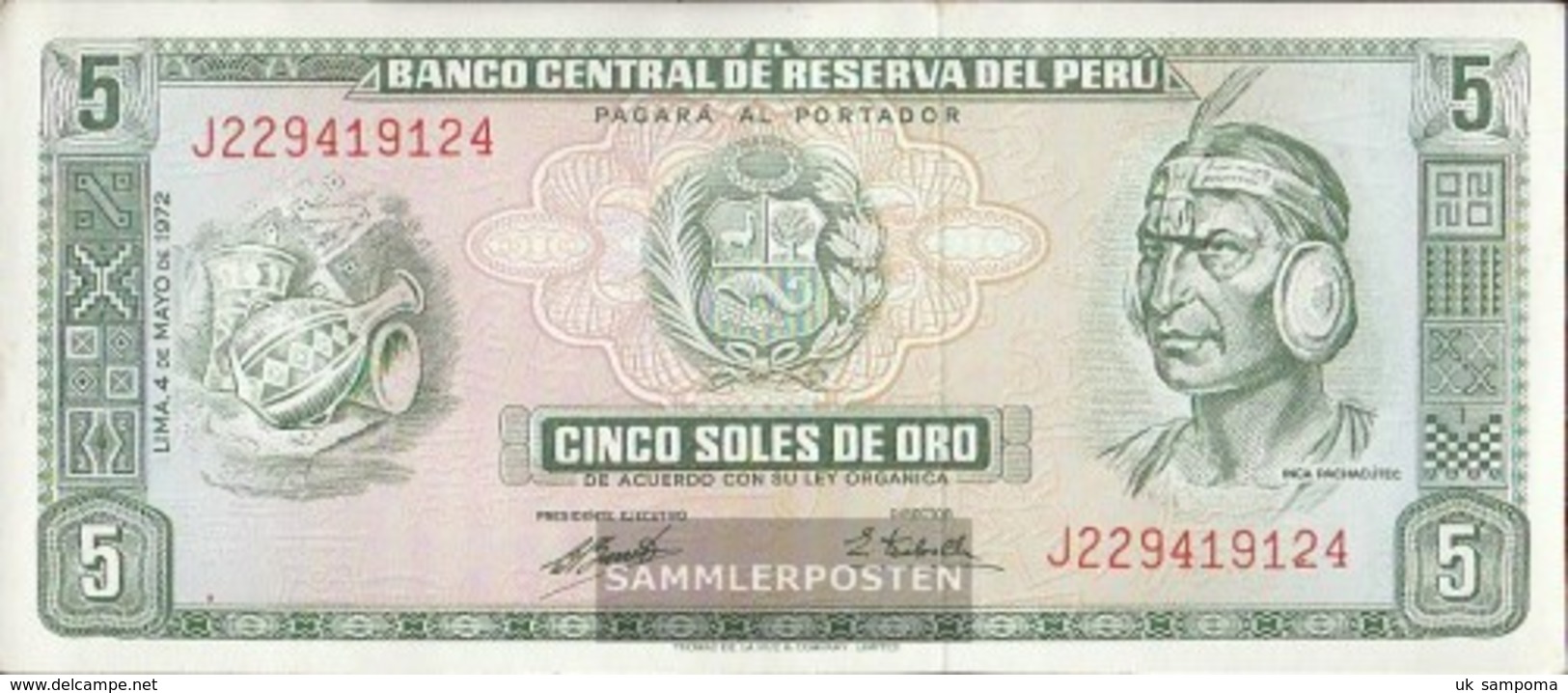 Peru Pick-number: 99b (1972) Uncirculated 1972 5 Soles - Pérou