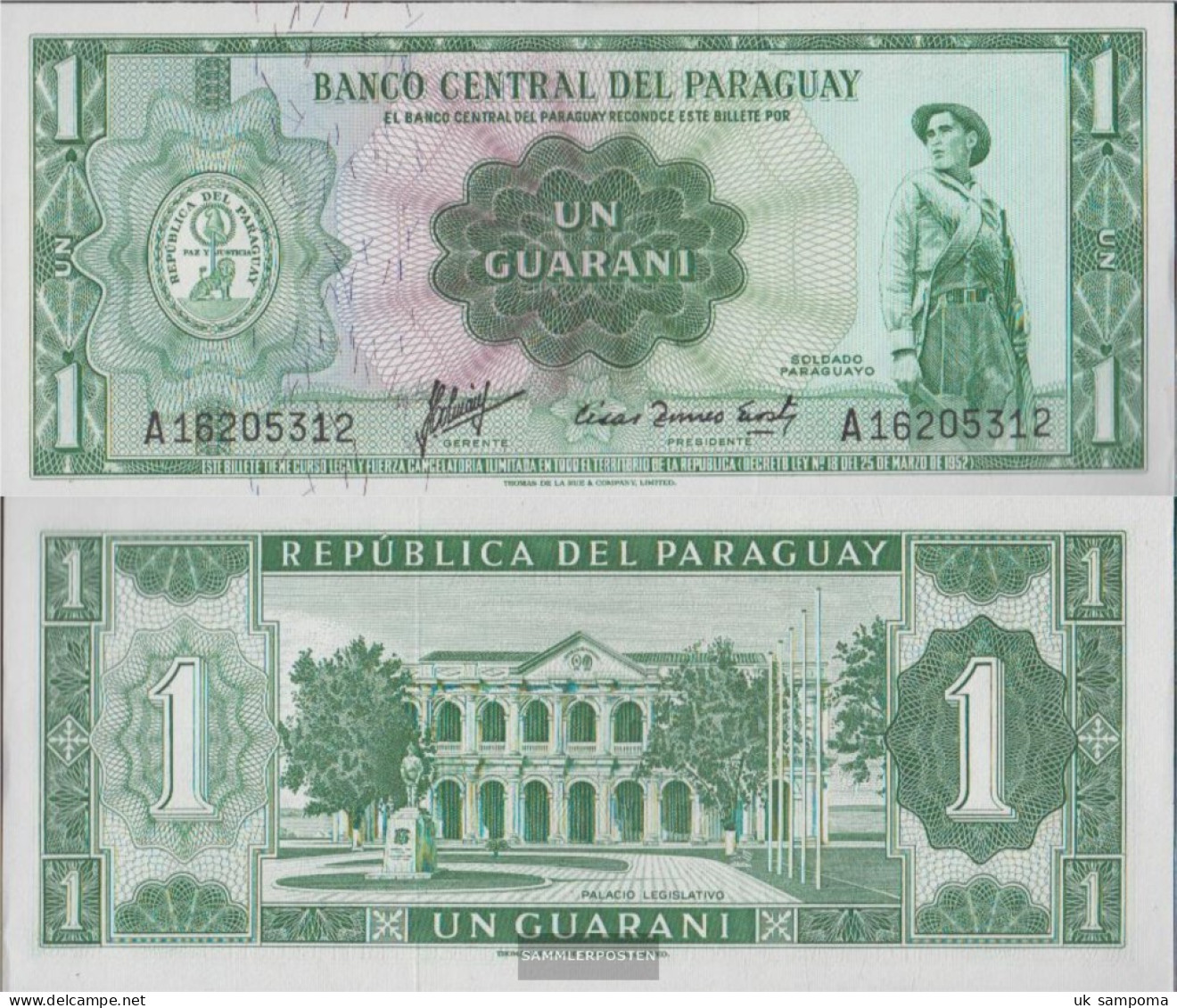 Paraguay Pick-number: 193a Uncirculated 1952 1 Guarani - Paraguay