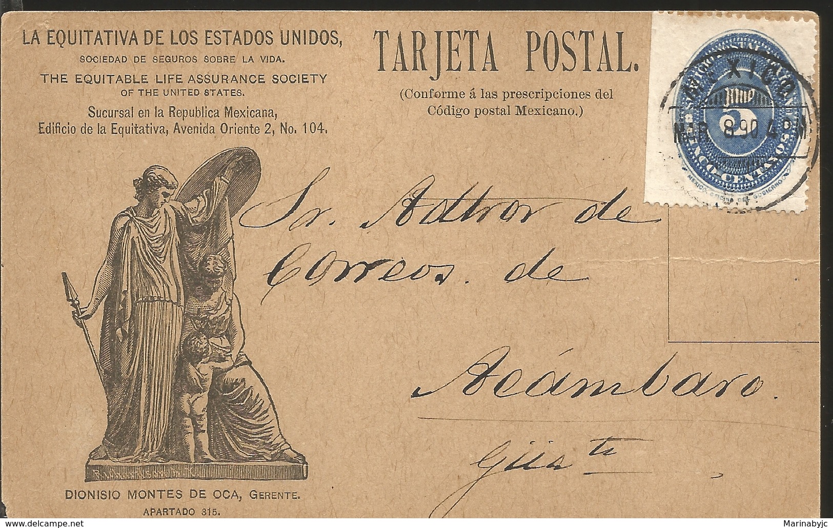 J) 1890 MEXICO, NUMERAL, 5 CENTS BLUE, CIRCULATED COVER, FROM MEXICO TO ACAMBARO, POSTCARD - Mexico