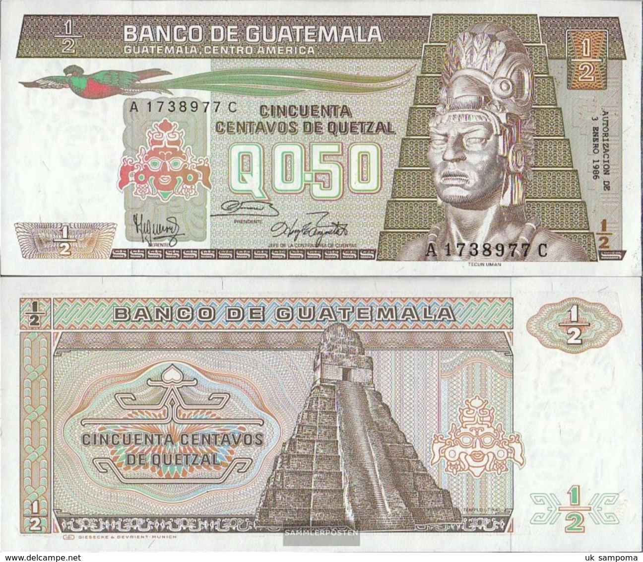 Guatemala Pick-number: 65 (03.01.1986) Uncirculated 1986 1/2 Quetzal - Guatemala