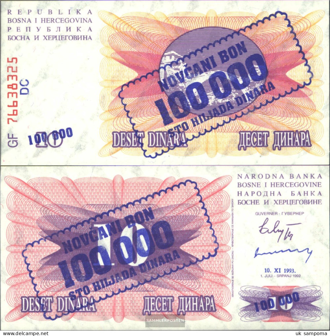 Bosnia-Herzegovina Pick-number: 34b Uncirculated 1993 100.000 Dinara - Bosnia And Herzegovina