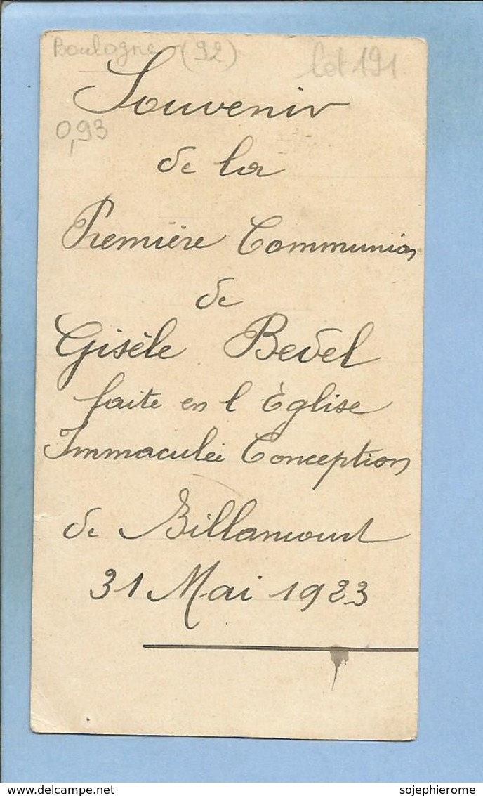 (Boulogne)-Billancourt (92) 1ère Communion En L'église De L'Immaculée Conception De Gisèle Bedel Le 31 Mai 1923 - 2scans - Communion