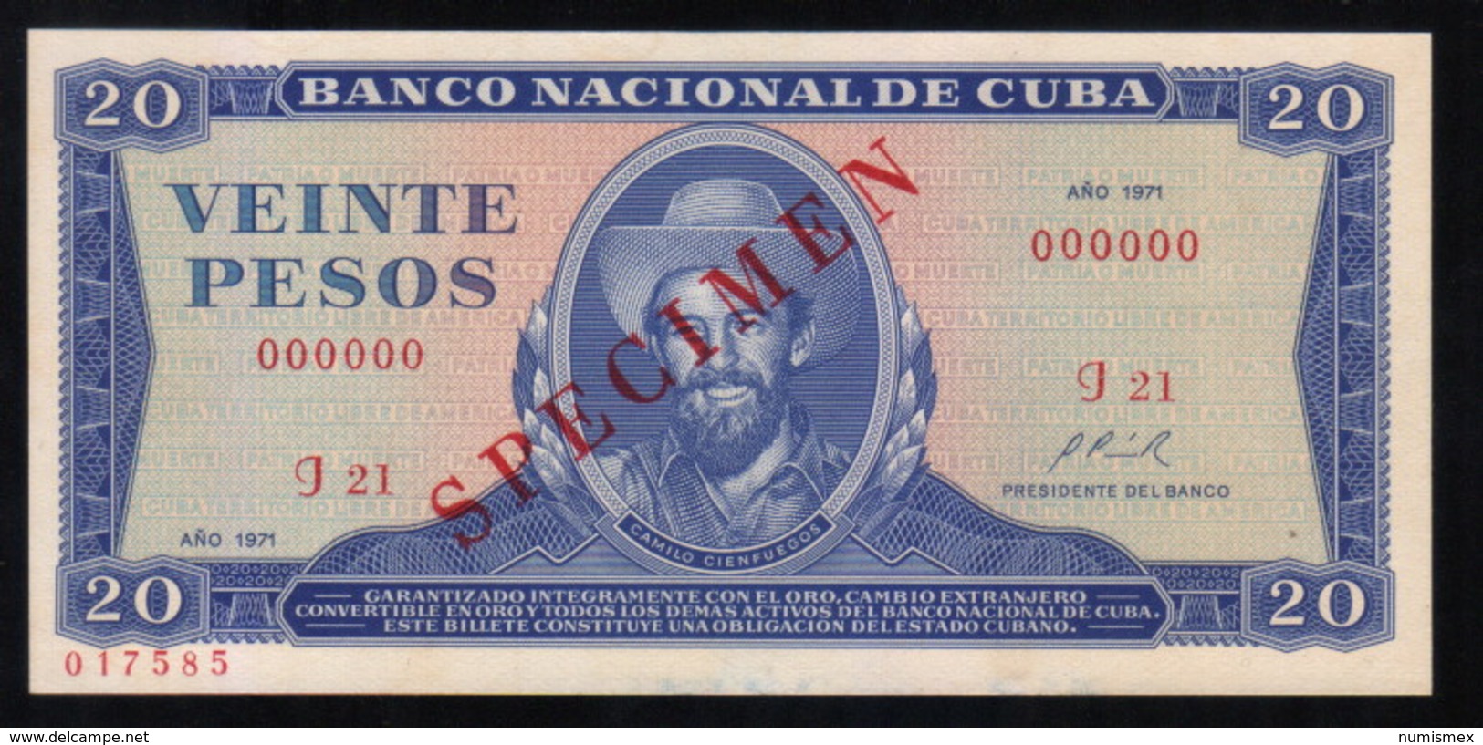 Caribe  / 20 PESOS 1971 SPECIMEN ( MUESTRA ) Serie J-21 UNC - Cuba