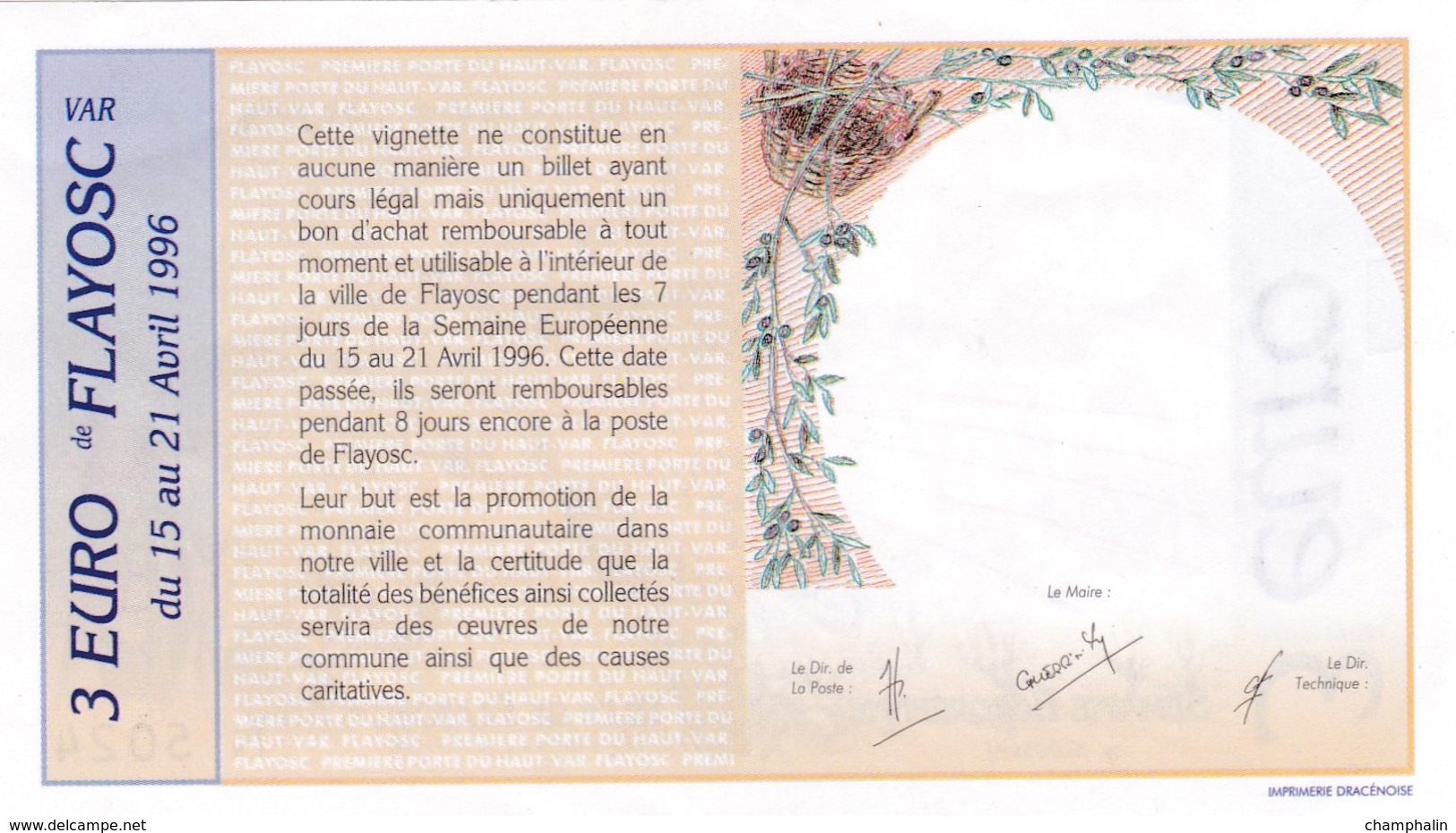 France - Emission Locale - Billet De 3 Euros - Ville De Flayosc (83) - Du 15 Au 21 Avril 1996 - Neuf - Autres & Non Classés