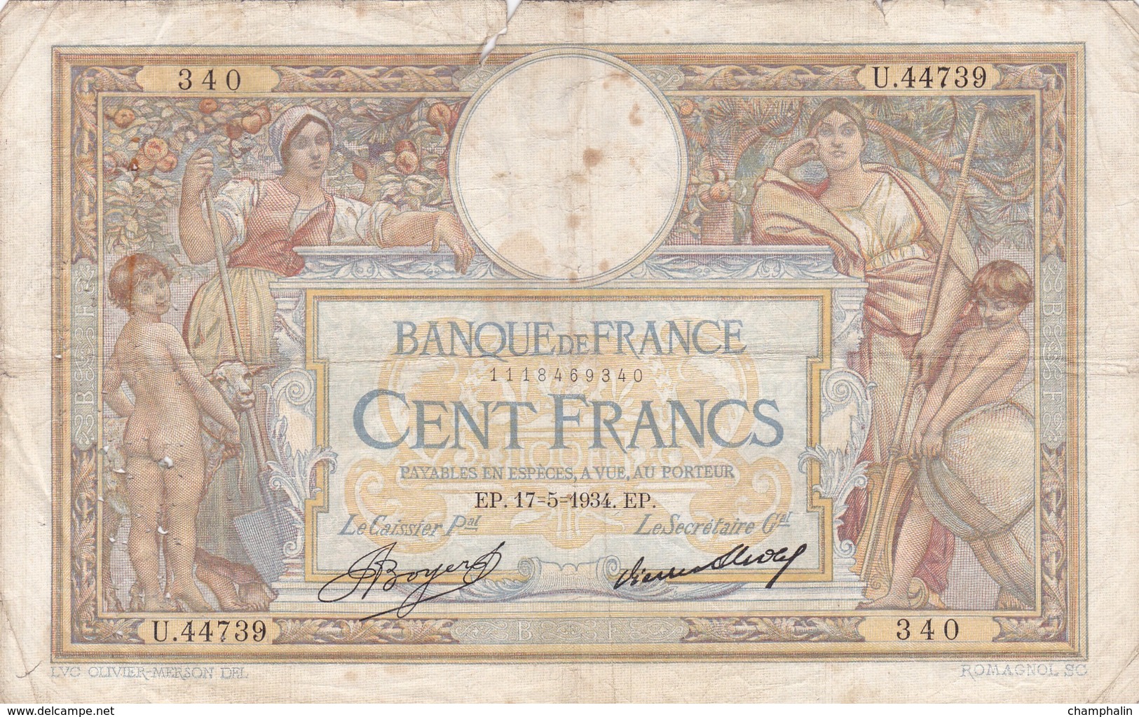 France - Billet De 100 Francs Type Luc Olivier Merson - 17 Mai 1934 - 100 F 1908-1939 ''Luc Olivier Merson''