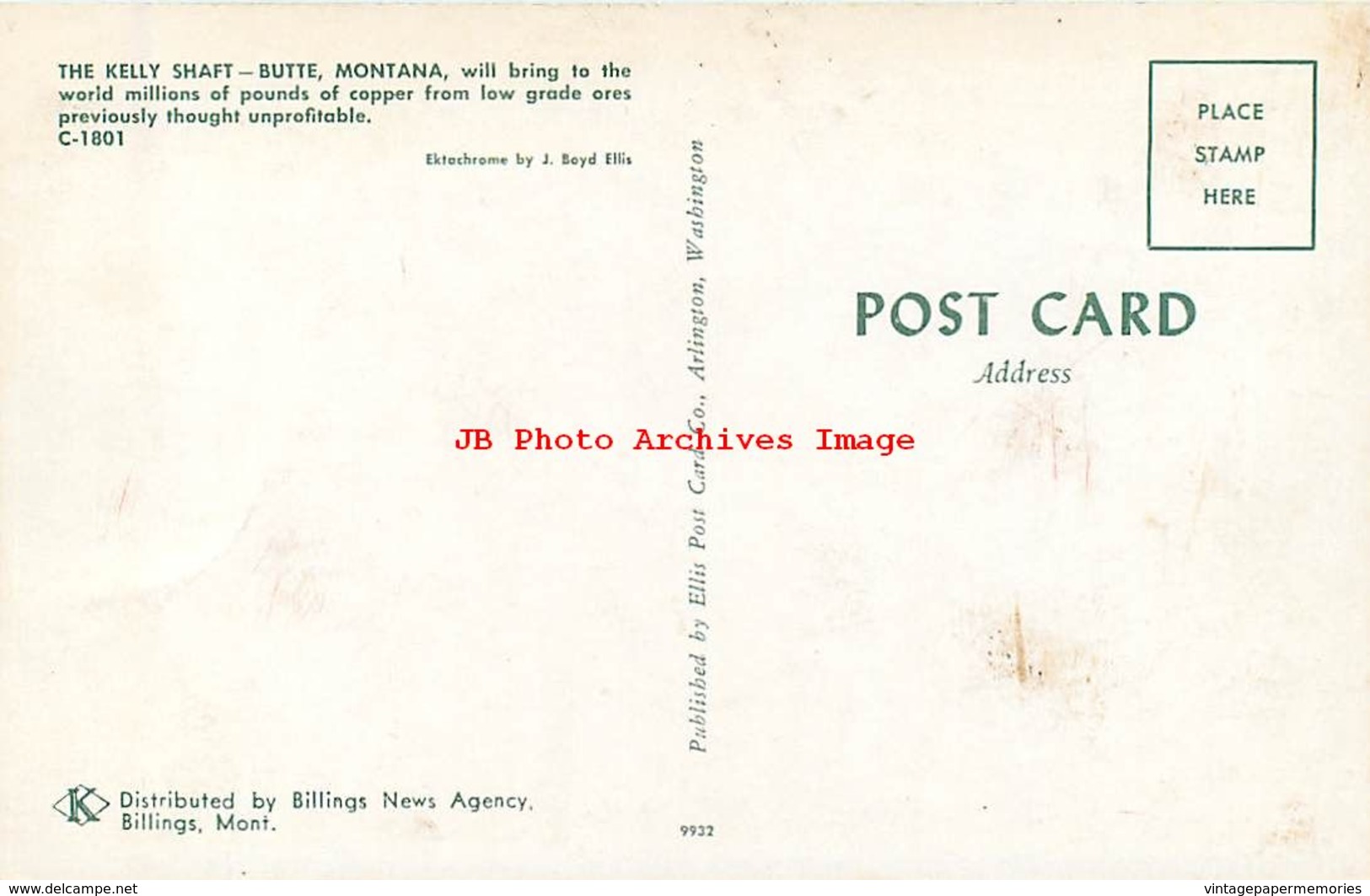 281547-Montana, Butte, Kelly Mine Shaft, Copper Mining Scene, Ellis Post Card By Koppel No 9932 - Butte