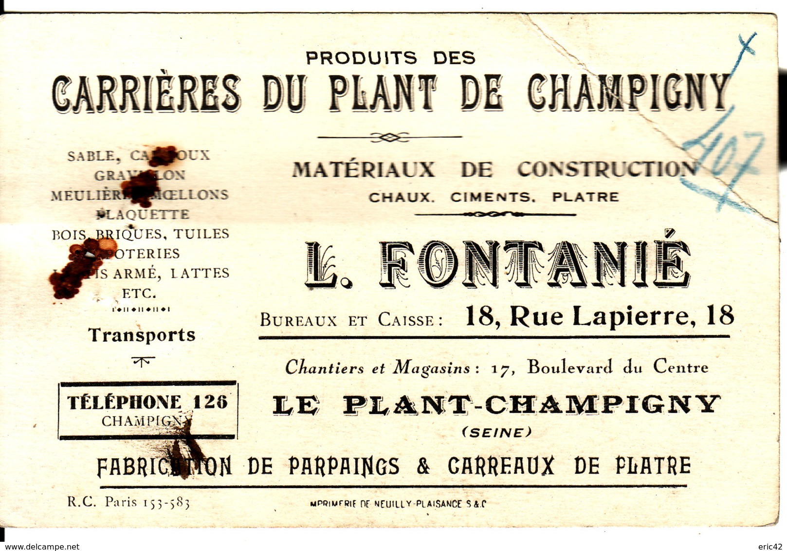 94 CARTE PUBLICITAIRE **Carrières Du Plant De Champigny** (12x8 Cm) - Autres & Non Classés