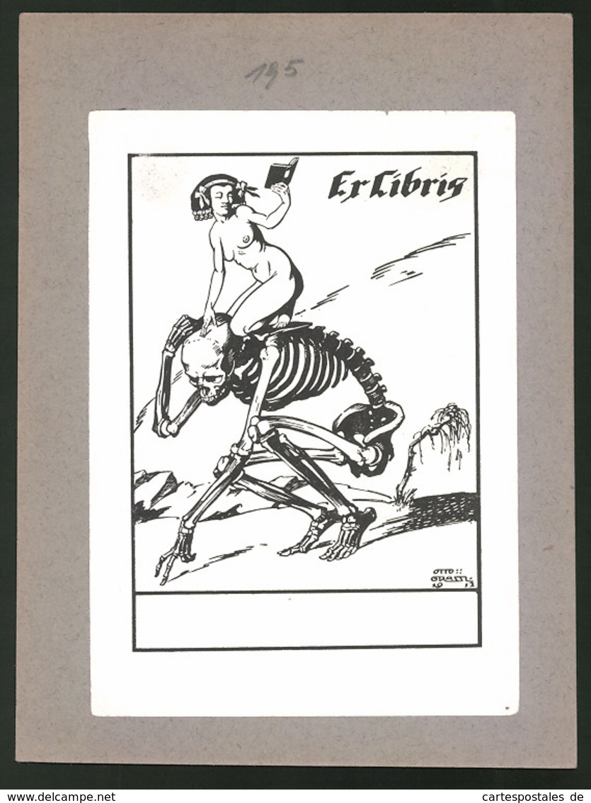 Exlibris Blanko, Frau In Akt Mit Buch Auf Skelett Reitend - Exlibris