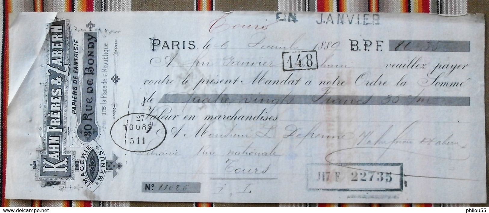 75 PARIS 10e Rue De Bondy  37 TOURS  1889 - Imprimerie & Papeterie