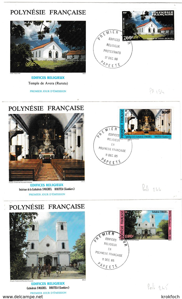 Edifices Religieux - FDC Papeete 1985 & 1986 - Religion Protestante & Catholique - Rurutu Gambiers - FDC