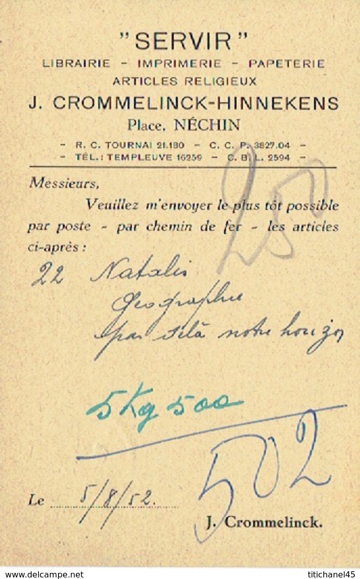 CP Publicitaire NECHIN 1952 - J. CROMMELINCK-HINNEKENS - "SERVIR" - Imprimerie, Librairie, Papeterie, Articles Religieux - Estaimpuis