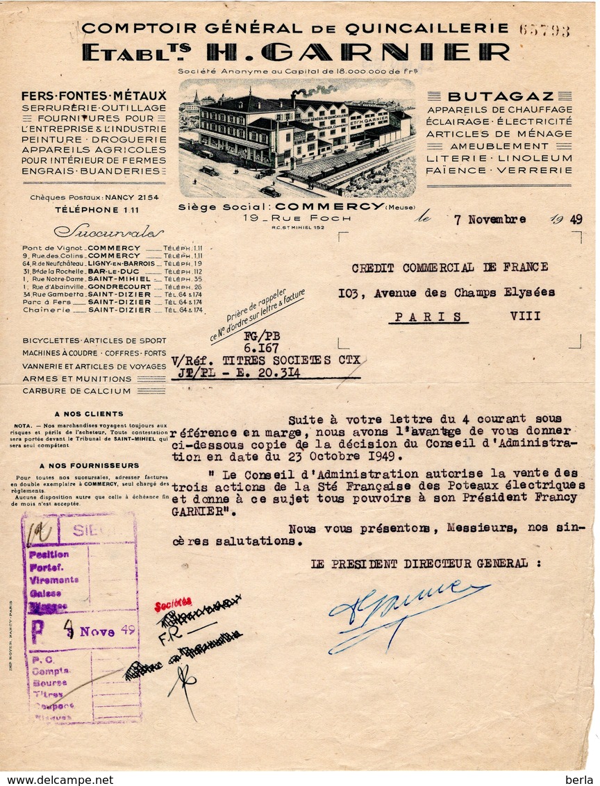 QUINCAILLERIE  Ets GARNIER COMMERCY (meuse)1949 - Autres & Non Classés