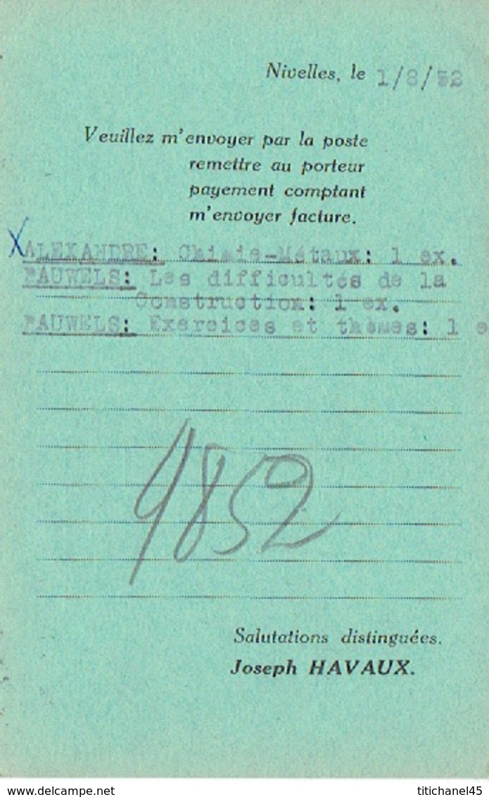 CP Publicitaire NIVELLES 1952 - Joseph HAVAUX - Librairie-papeterie - Nijvel