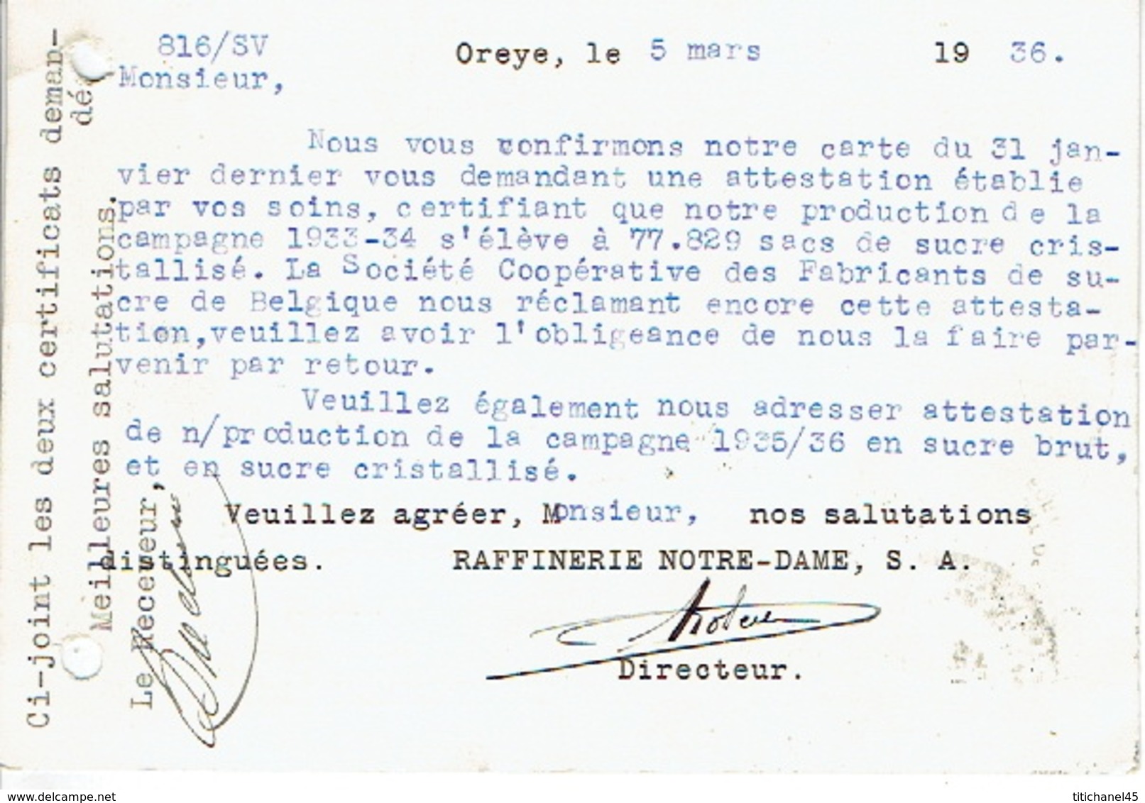 CP Publicitaire OREYE 1936 - RAFFINERIE NOTRE-DAME - Oreye