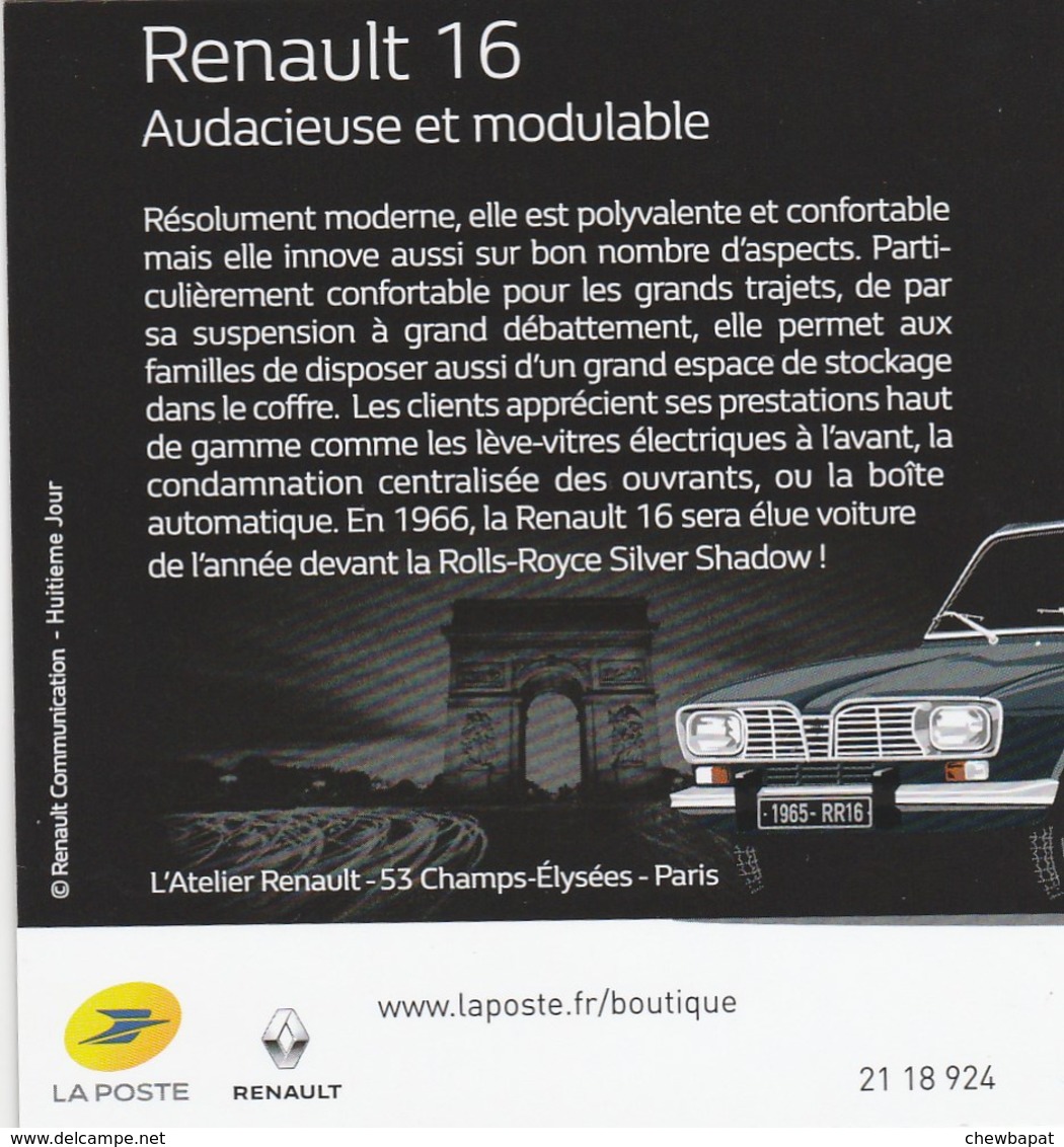 Collector 2018 - 120 Ans Renault - Renault 16 - 1 Timbre Autocollant 50g Monde  ASSEZ RARE !!!  ACHETE 2,50€ - Collectors