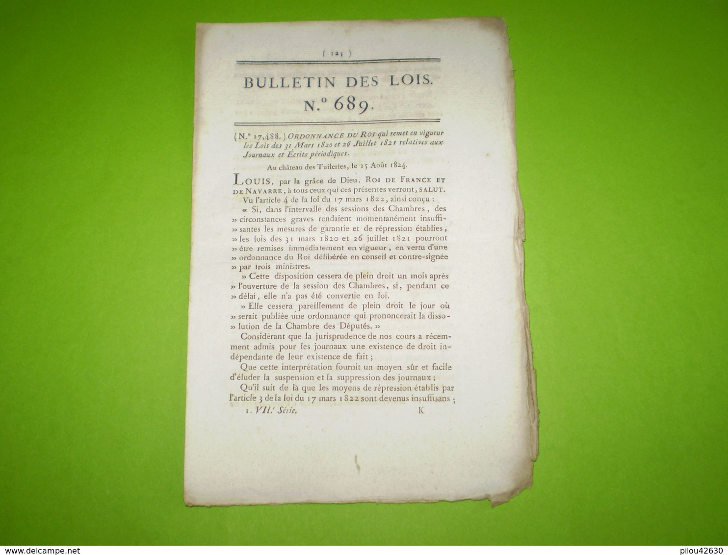 1824:loi Relative Aux Journaux & écrits Périodiques. Legs La Mancellière,Crest,Barbey,Gannat,Morgny,Roupeldange.... - Decrees & Laws