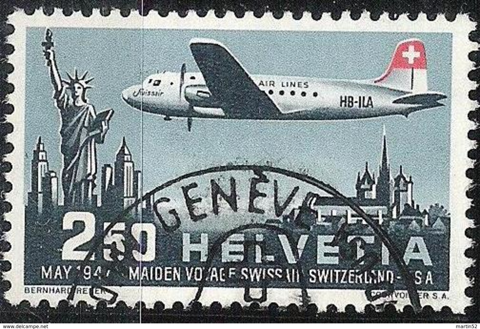 Schweiz Suisse 1947: PRO AERO  "Genève-New York" Zu 42 Mi 479 Yv PA41 Oblit. Demi-lune GENÈVE 2.V.47 (Zu CHF 40.00) - Oblitérés