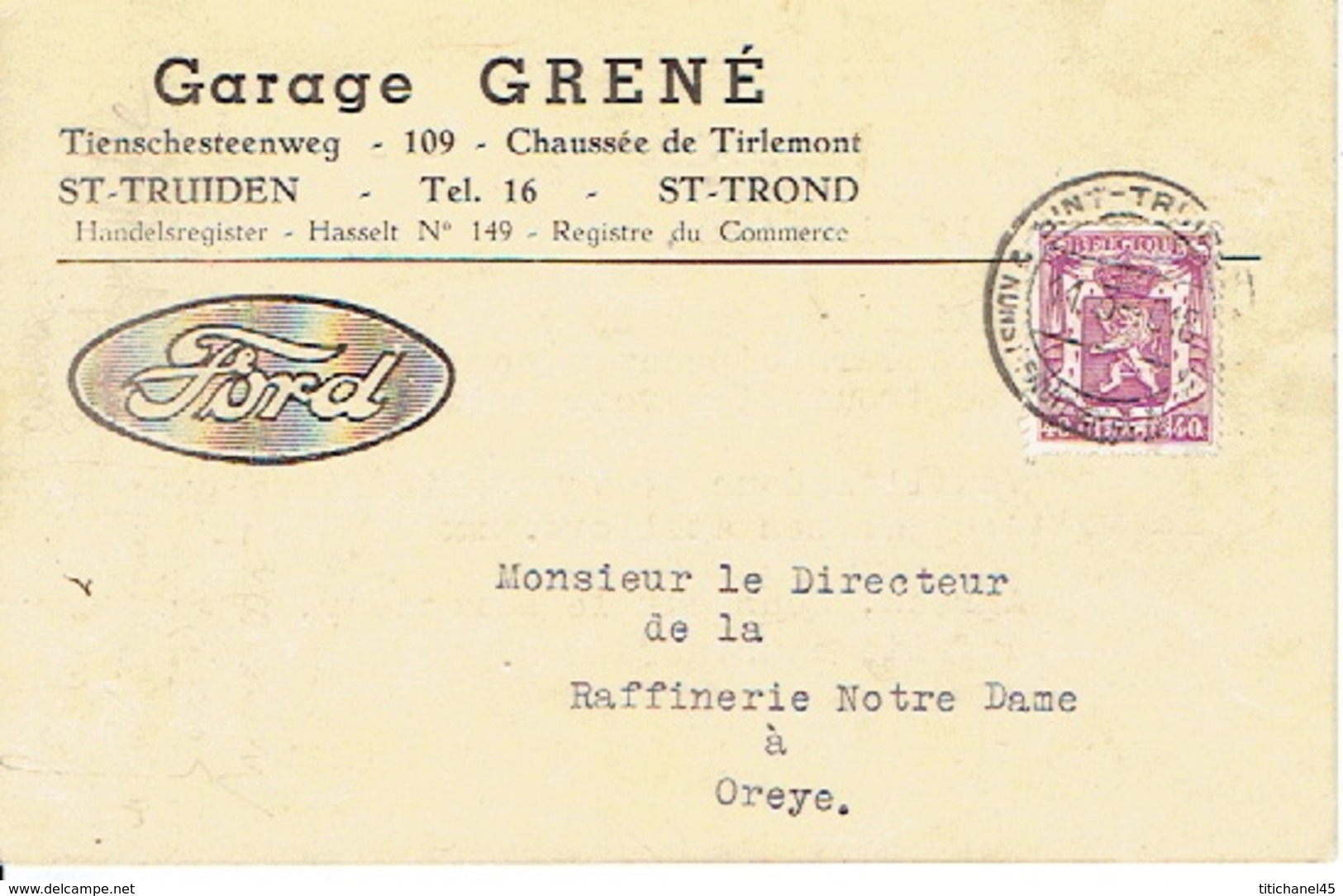 PK Publicitaire SINT-TRUIDEN 1940 -  Garage GRENE - Concessionnaire FORD - Sint-Truiden