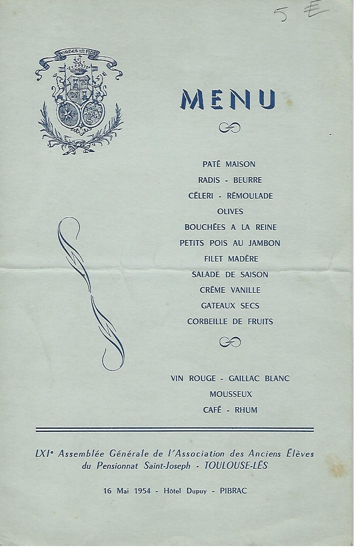 Toulouse-lès-1954-hotel Dupuy Pibrac-anciens Eleves Pensionnat St-joseph - Menus