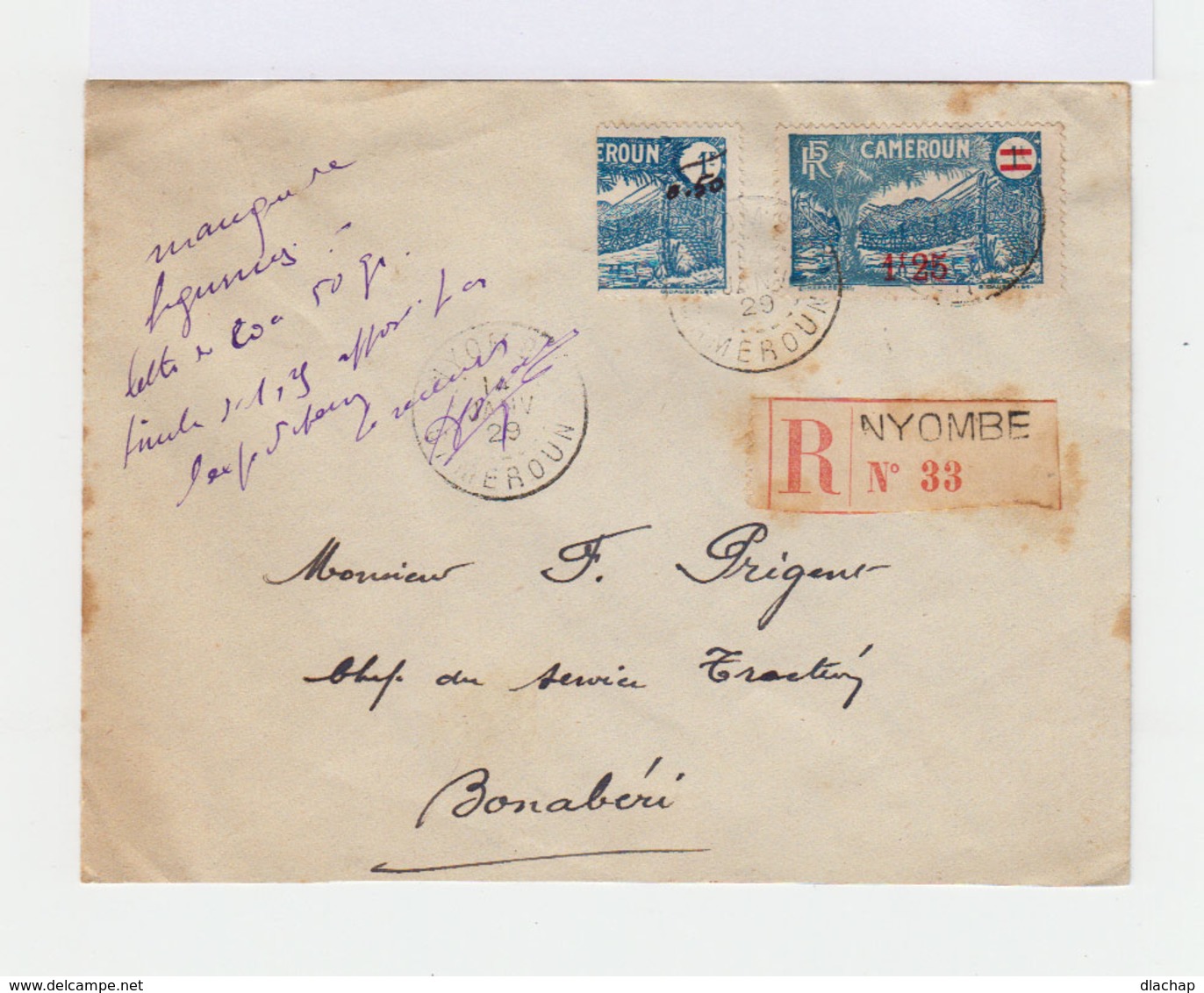 Sur Enveloppe Un Timbre RF Cameroun 1925 27 Surchargé 1f25 Et Un Demi Timbre. CAD Nyombé. (682) - Lettres & Documents