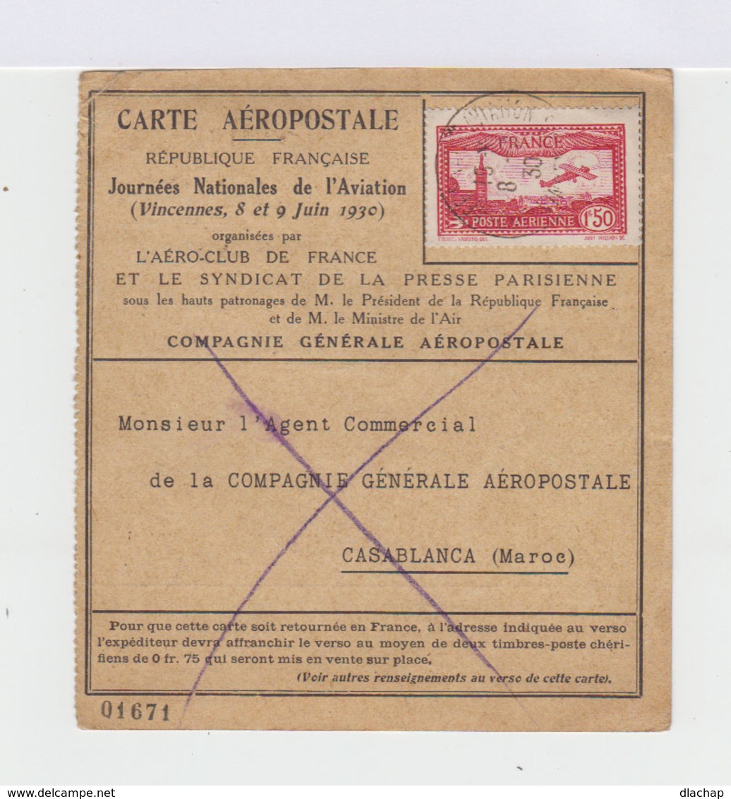 Carte Aéropostale Journées Nationales De L'aviation Vincennes Juin 1930. Timbres Poste Aérienne Du Maroc. (683) - 1960-.... Lettres & Documents