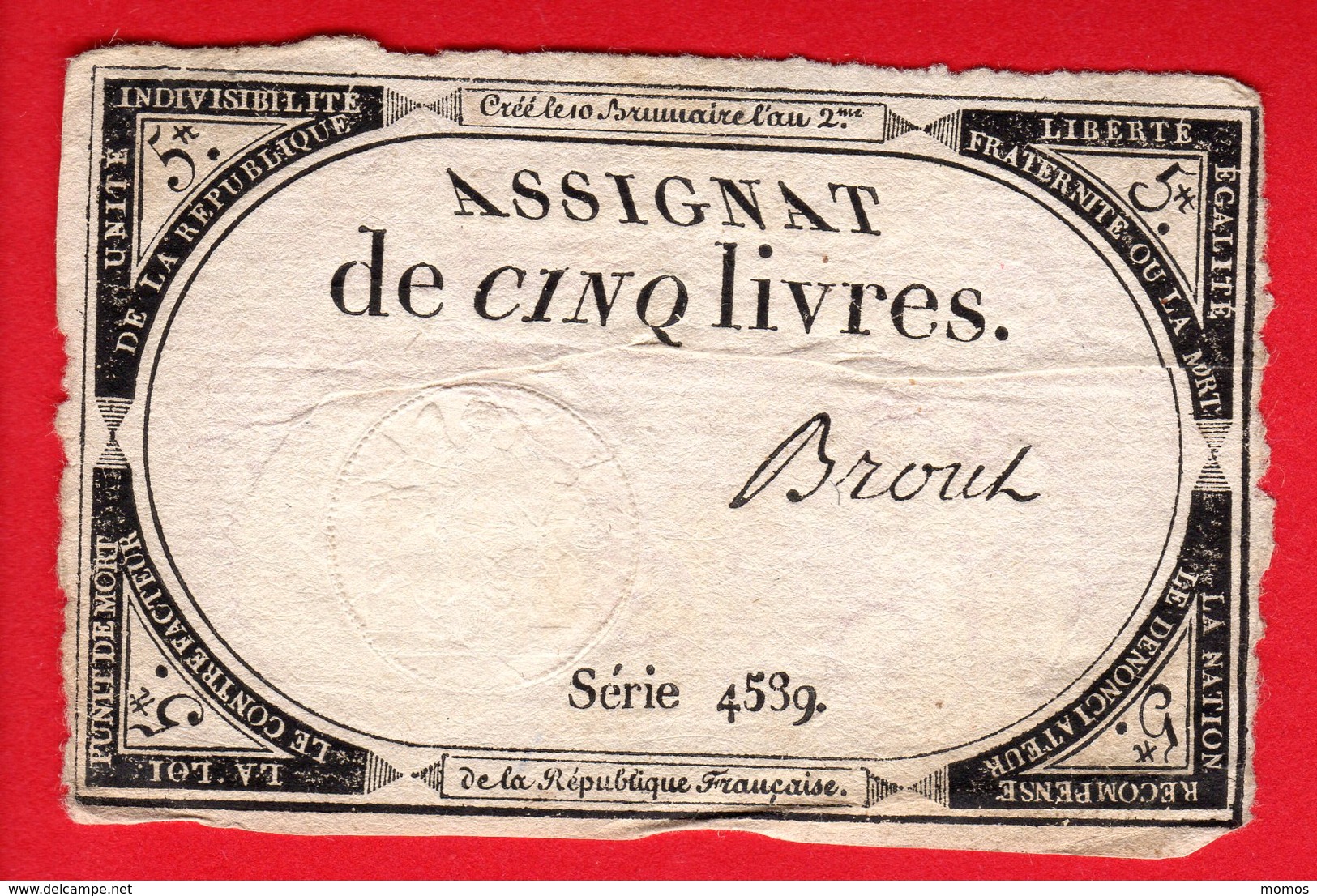 Assignat 5 Livres - BROUT - 10 Brumaire  An 2 - Révolution Française - Assignats & Mandats Territoriaux