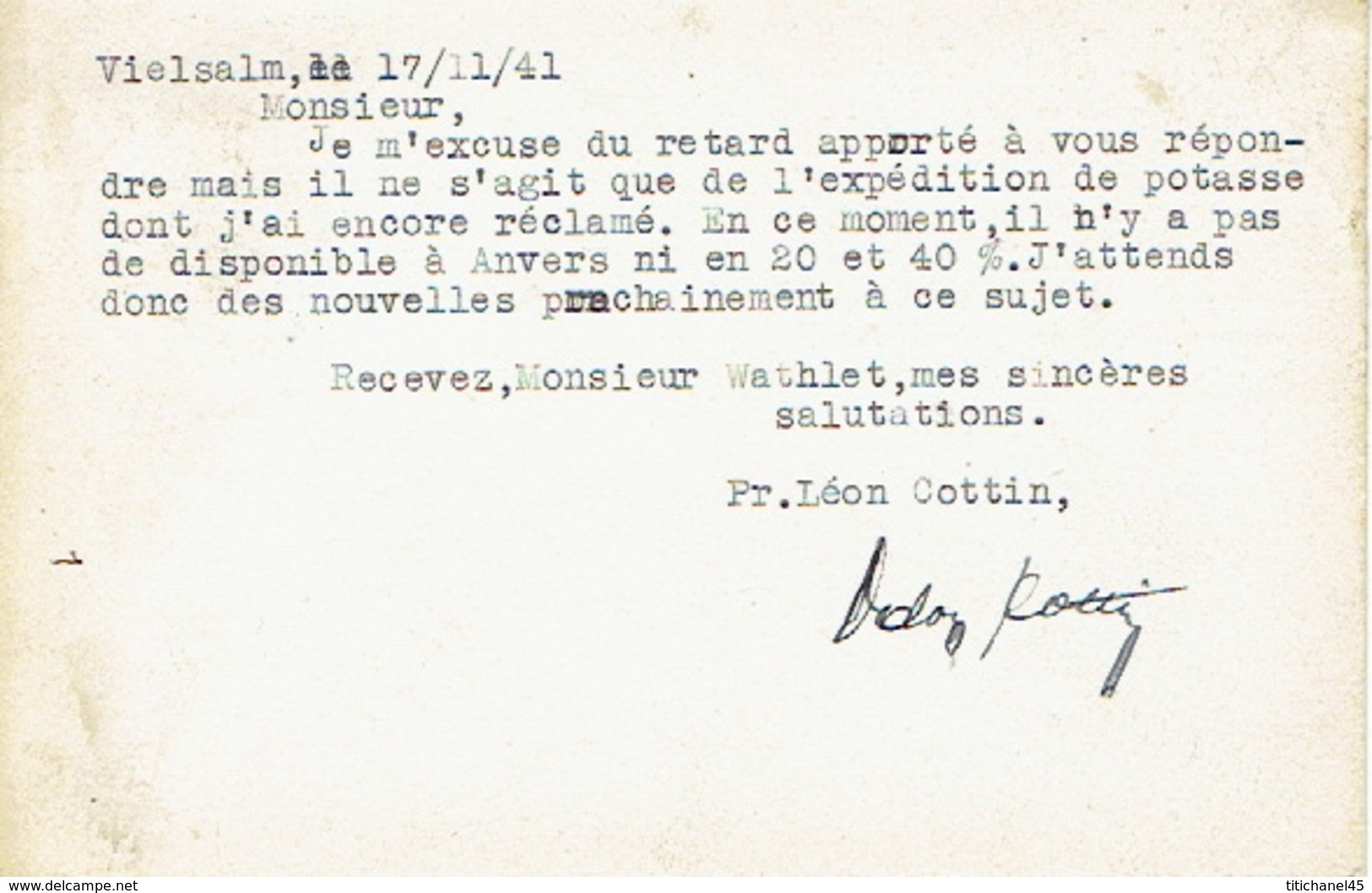 CP Publicitaire VIELSALM 1941 - Maison Léon COTTIN - FRAITURE -Fourrages, Grains, Engrais, Charbons, Denrées Pour Bétail - Vielsalm