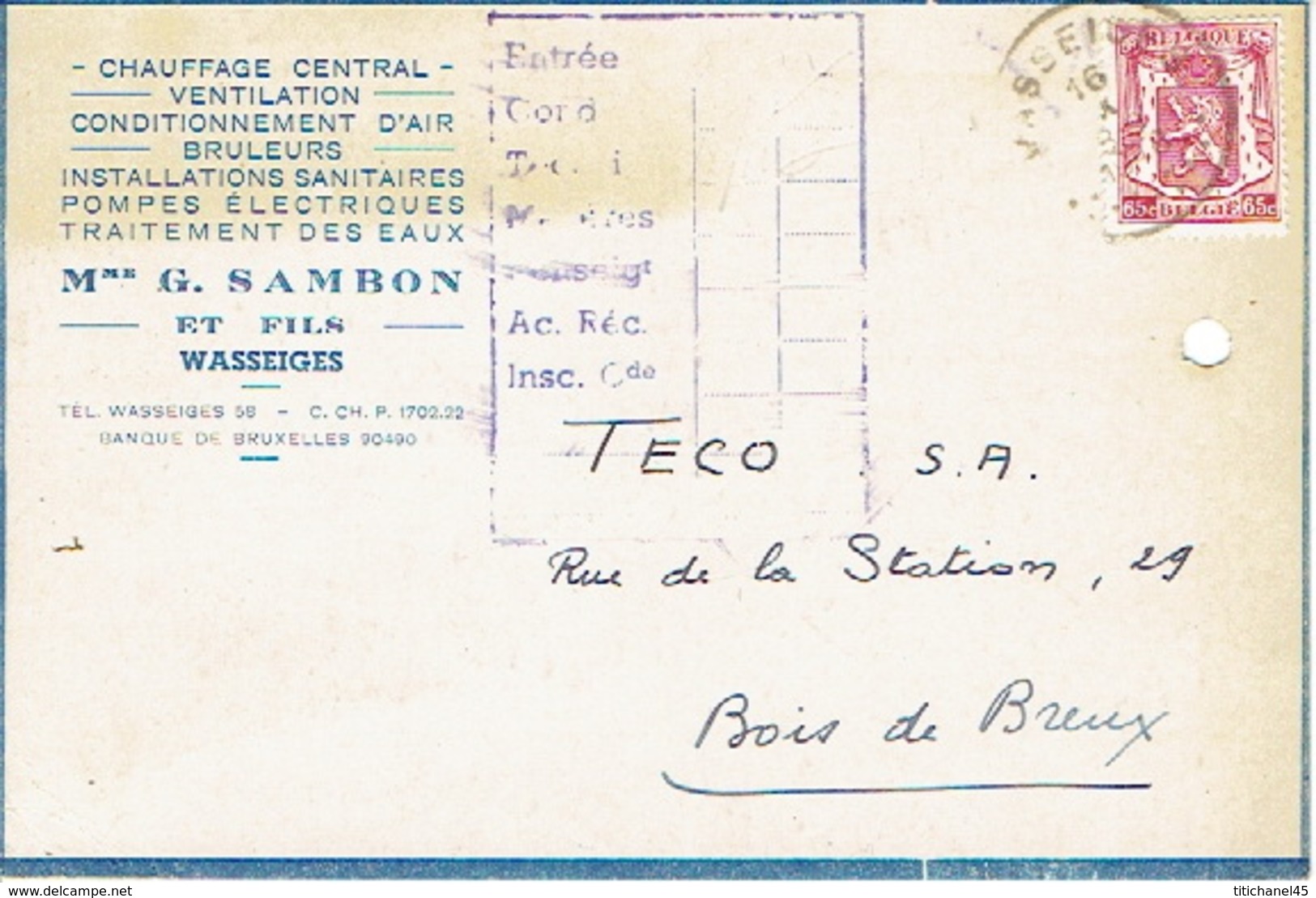 CP Publicitaire WASSEIGES 1948 - Mme G. SAMBON Et Fils - Chauffage Central, Installations Sanitaires... - Wasseiges