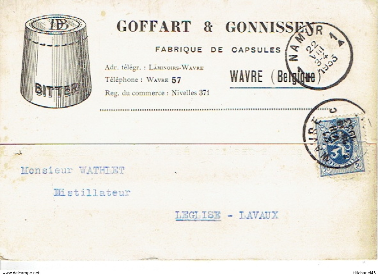 CP Publicitaire WAVRE 1933 - GOFFART & GONNISSEN - Fabrique De Capsules - Wavre