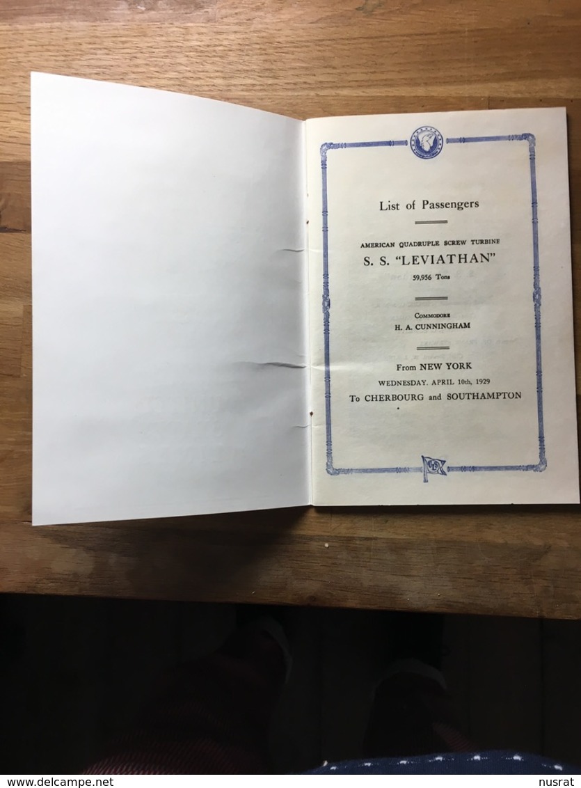 Rare Menu & Liste De Passagers, Avril 1929 Vaisseau Amiral Leviathan, 2 Fascicules, Leviathan Flagship Scarce Leaflets - Menükarten