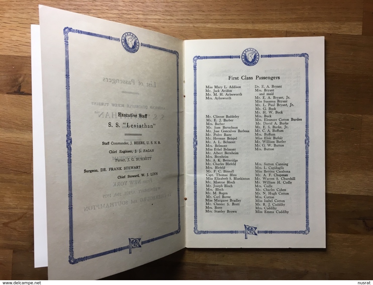 Rare Menu & Liste De Passagers, Avril 1929 Vaisseau Amiral Leviathan, 2 Fascicules, Leviathan Flagship Scarce Leaflets - Menükarten