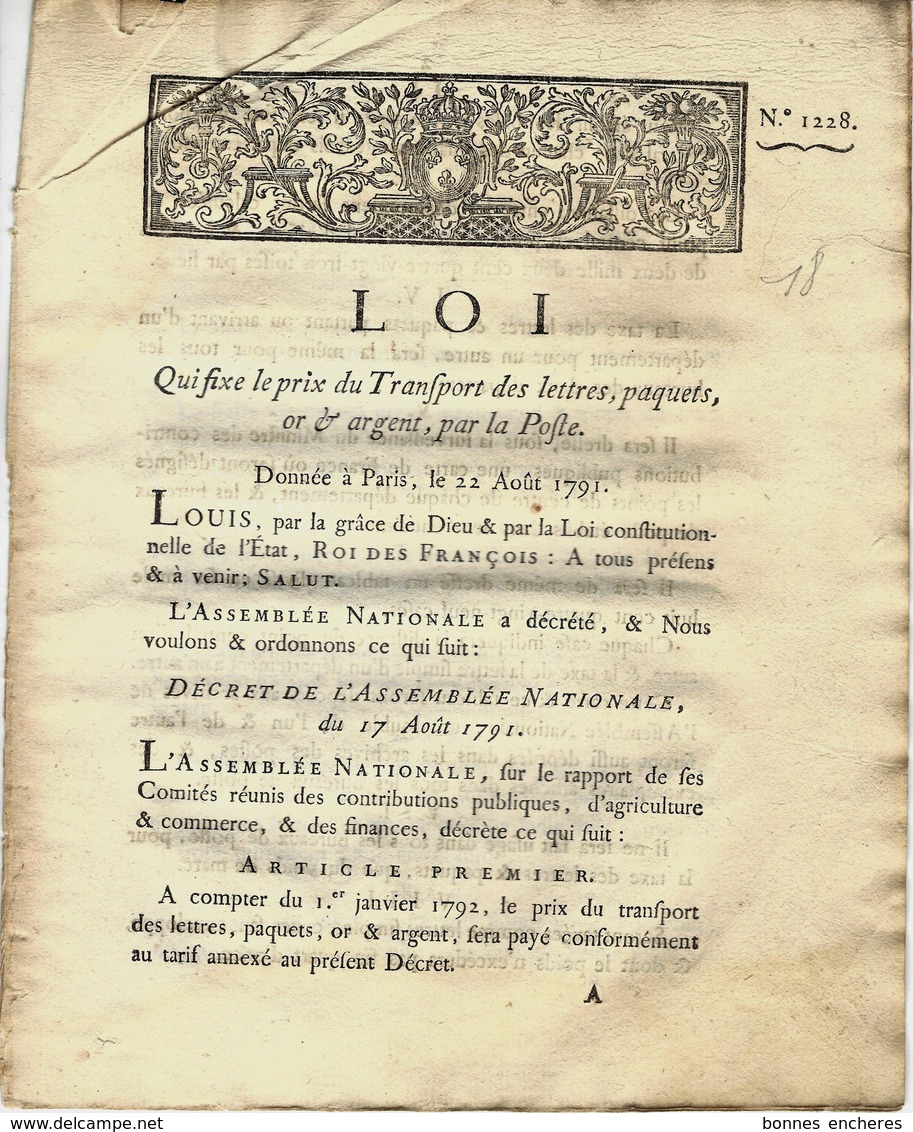 1791 RARE  REVOLUTION FIN DU BAIL DES FERMES MONOPOLE DE LA POSTE à L'ETAT PREMIER TARIF POSTAL    VOIR SCANS - Decreti & Leggi