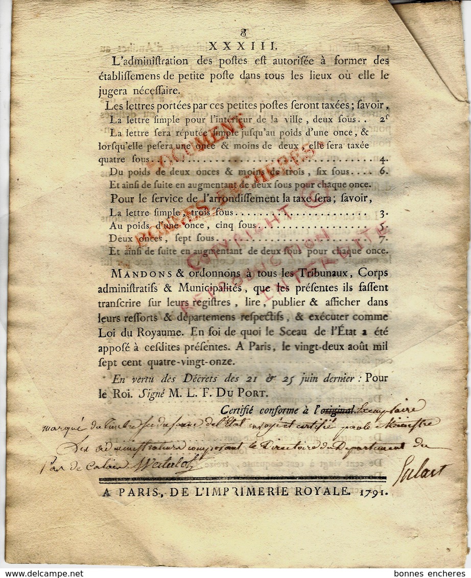 1791 RARE  REVOLUTION FIN DU BAIL DES FERMES MONOPOLE DE LA POSTE à L'ETAT PREMIER TARIF POSTAL    VOIR SCANS - Décrets & Lois