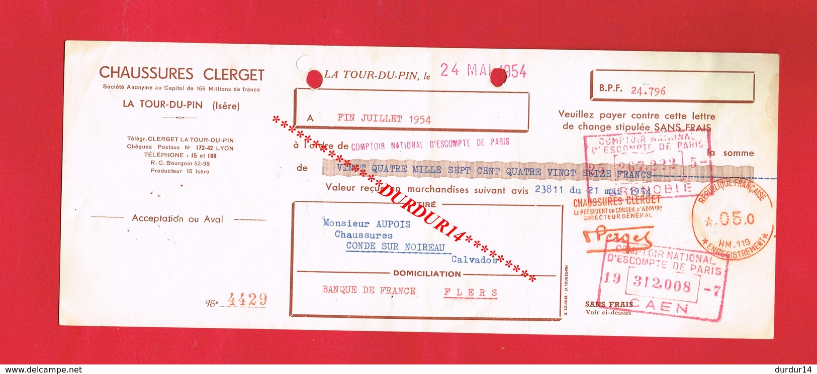 1 Lettre De Change & LA TOUR DU PIN Isère  Chaussures CLERGET - Lettres De Change